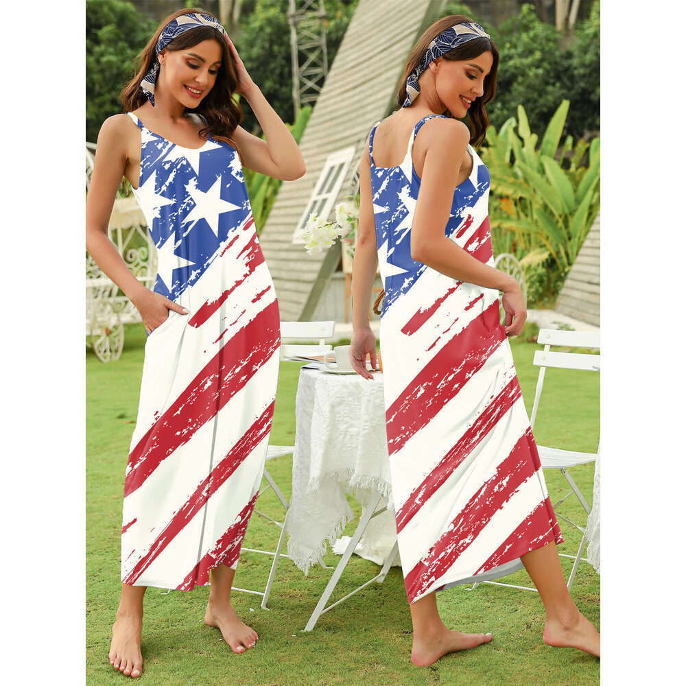 Summer European American Flag Printed with Strap Pocket Fashionable Women's Dress 2025 New Style Unique and Elegant Clothing