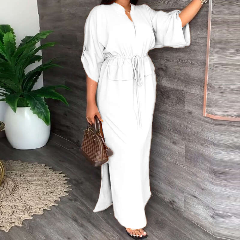 2025 New Women's Clothing Temperament V-Neck Lace Up Waist Loose Casual Slit Spring Dress For Women KLMY