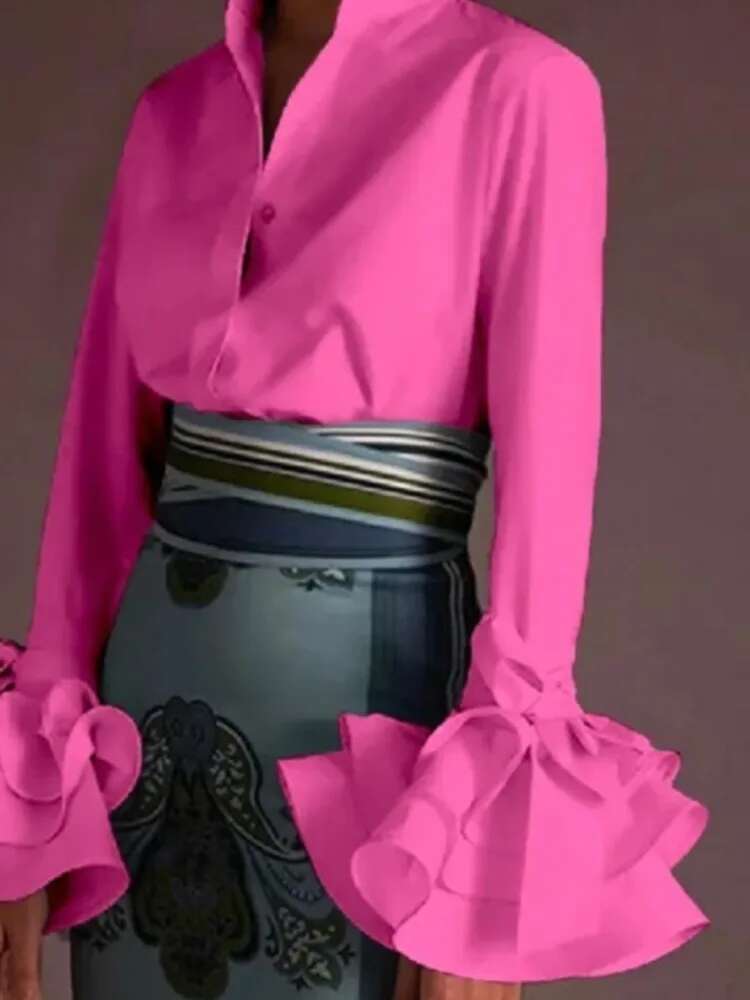 Design Fashion Lapel Long-Sleeved Single-Breasted Shirt Tops Women Autumn Solid Color Splicing Bell Sleeve Casual Shirts Female