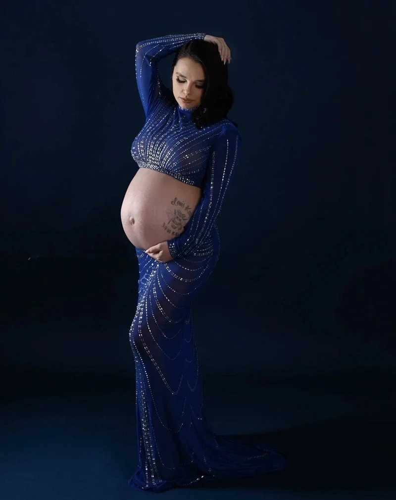 Tulle Hot Fix Crystal Maternity Photoshoot Dress Set Rhinestone Stretchy Pregnancy Photography Outfit Cut Out Women Evening Gown X250224