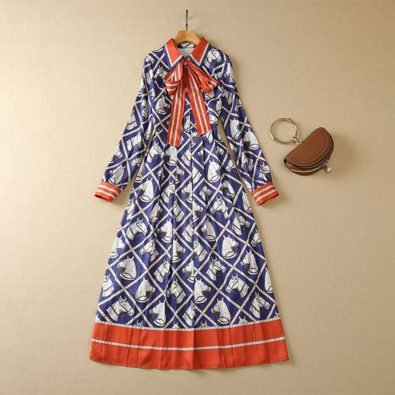 New Horse Head Printed Long Skirt With Elegant Temperament, Contrasting Butterfly Collar Dress For Women