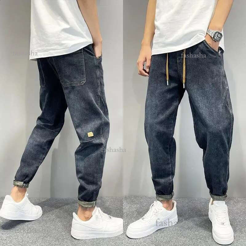 Mens Casual Denim Vintage Washed Loosefit Tapered Carrot Pants Autumn Streetwear Embroidered Jeans Baggy Jogger Harem 24