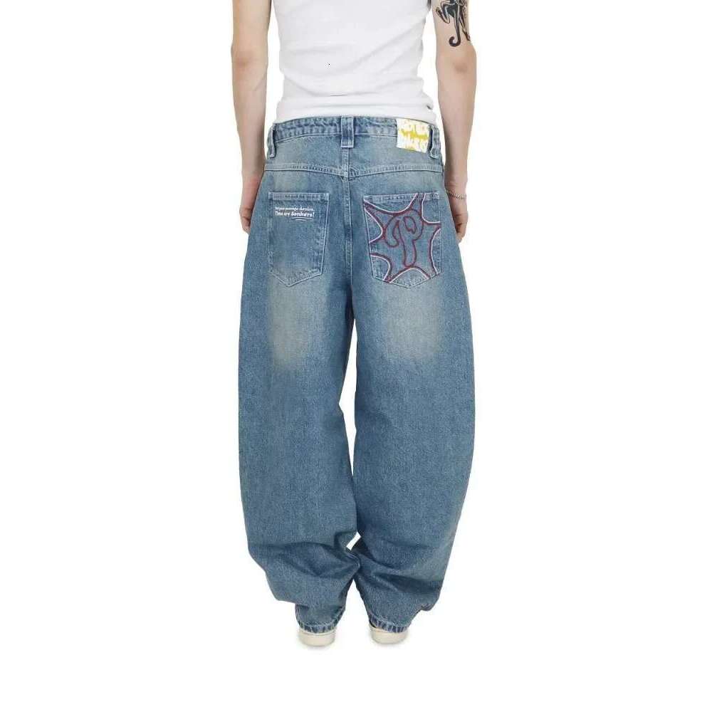 Jeans Jeans PROTECT Streetwear Y2k Mens Pants Haruku Hip Hop Letter Embroidery Vintage Blue Baggy Jeans High Waist Wide Leg Trouser