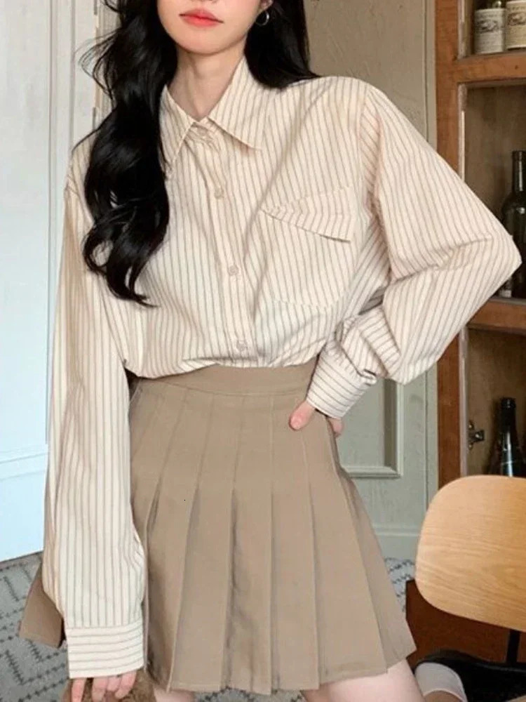 Korean fashion Shirts for Women Loose Versatile Long Sleeves Blouse Pocket Casual Spring Blue Striped Womens Shirt 250311