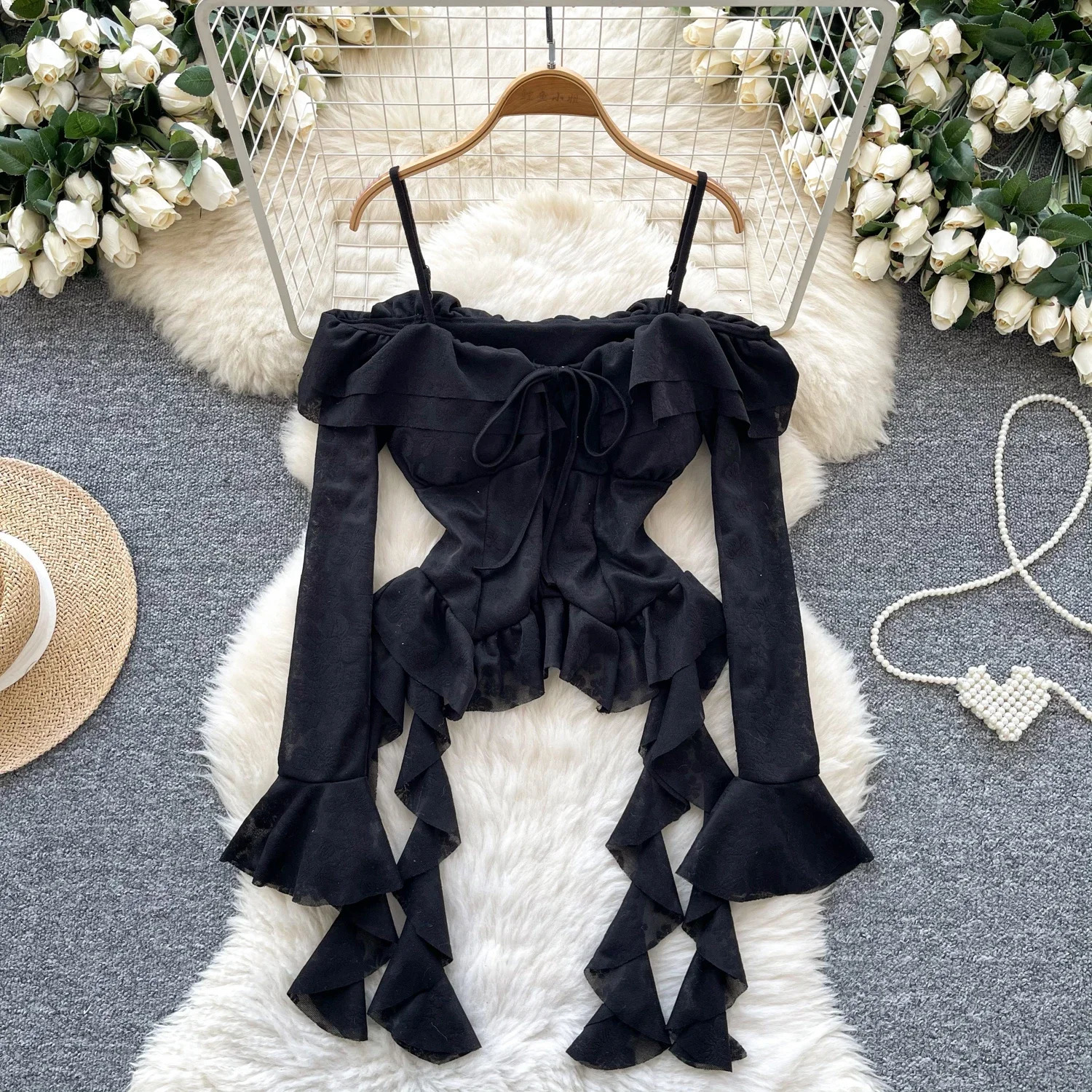 Korean Off Shoulder Sexy Blouse Female Long Flare Sleeves Ruffles Beach Shirt Summer Irregular Floral sweet Top 250311