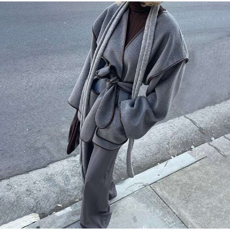 Elegant Women's Solid V-neck Tie-belt Woolen Jacket New Fashion Classic Long Sleeves Coats Autumn Chic Female Streetwear