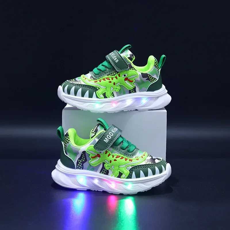 Spring New Childrens Sports Shoes Dinosaur Childrens LED Light Shoes Soft Sole Boys Causal Sneakers 2-6 Years OldXJ250311