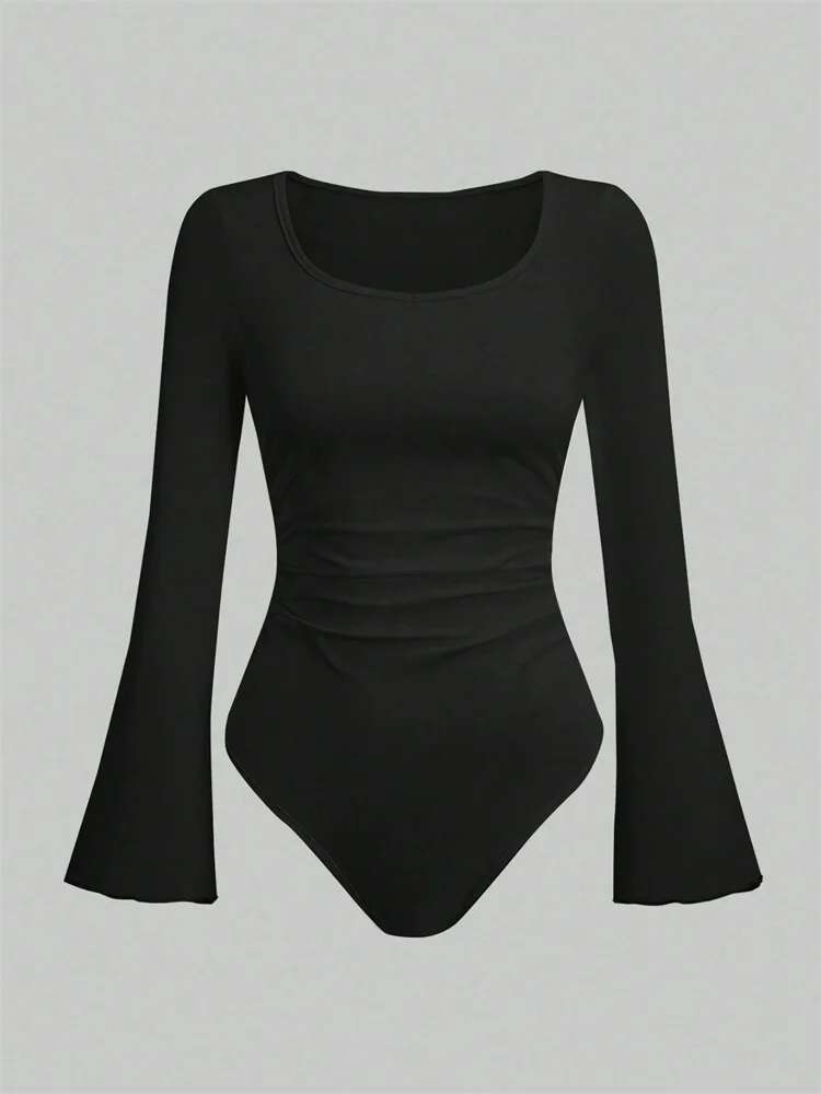 Women's Solid Color Ruffle Hem Flare Long Sleeve Bodysuit Autumn Winter 2024 Round Neck Plain Ruched Slim Fit Romper Top