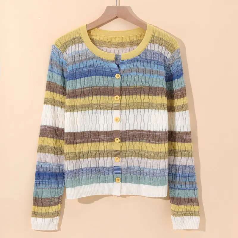 Rainbow Striped V-Neck Knitted Casual Chic Long Sleeve Women's Single Breasted Sweater Cardigan For Women Clothing