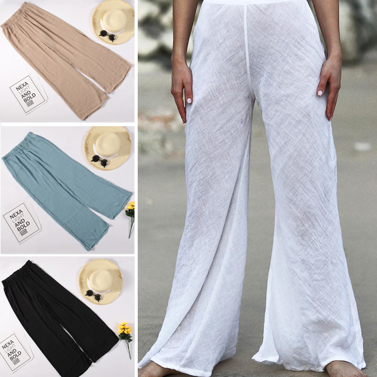 Bamboo Cotton Loose Home With Elastic Band, Casual Flared Wide Leg Pants, Sun Protection Beach Pants