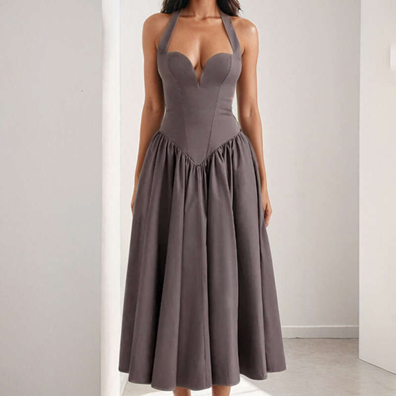 Women's Clothing 2025 Spring New Temperament Sexy Pure Desire Style Hanging Neck Exposed Back Strap Big Swing Dress KLMY
