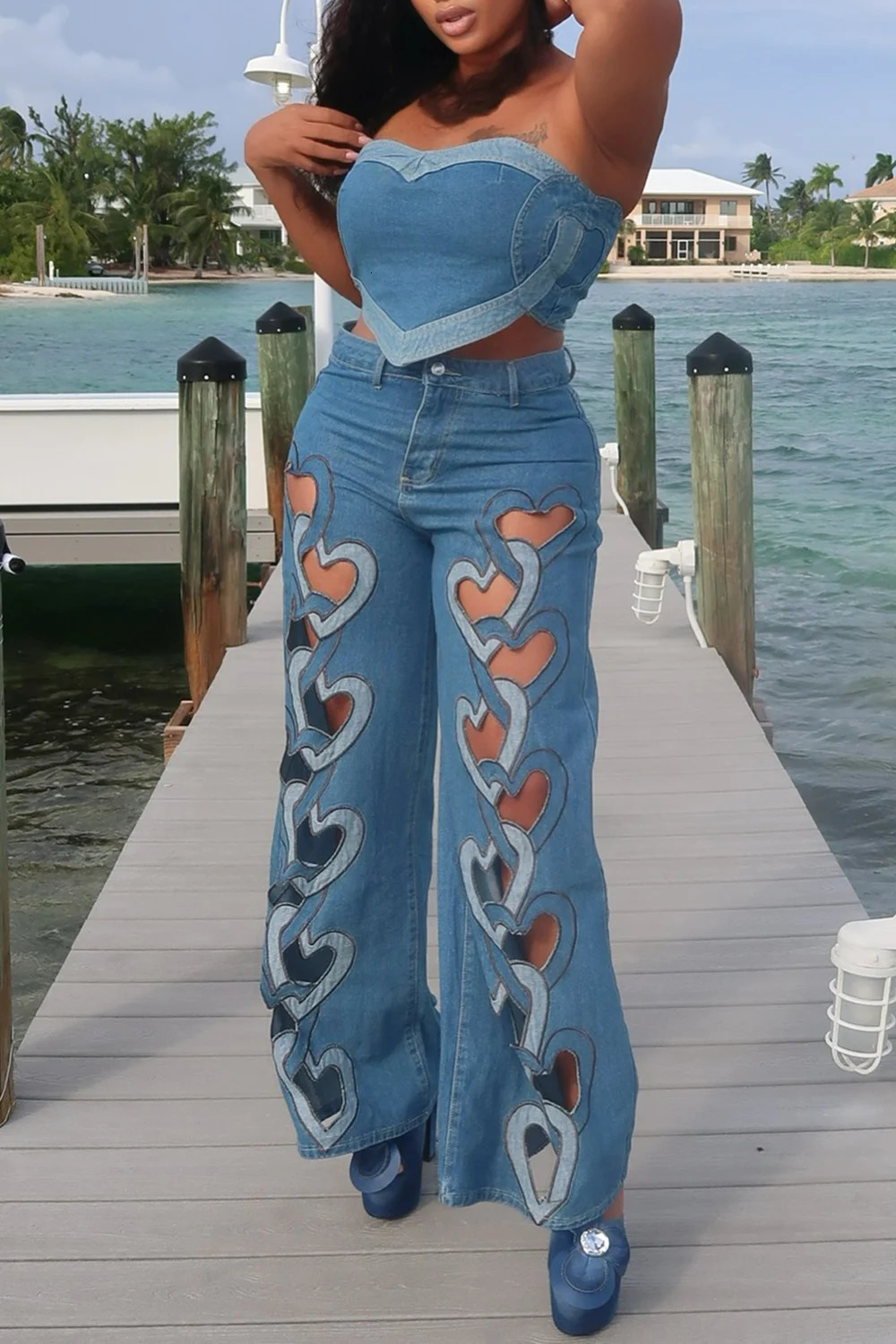 Womens Plus Size Jeans Daily Blue Heart Cut Out Wide Leg Denim 250311