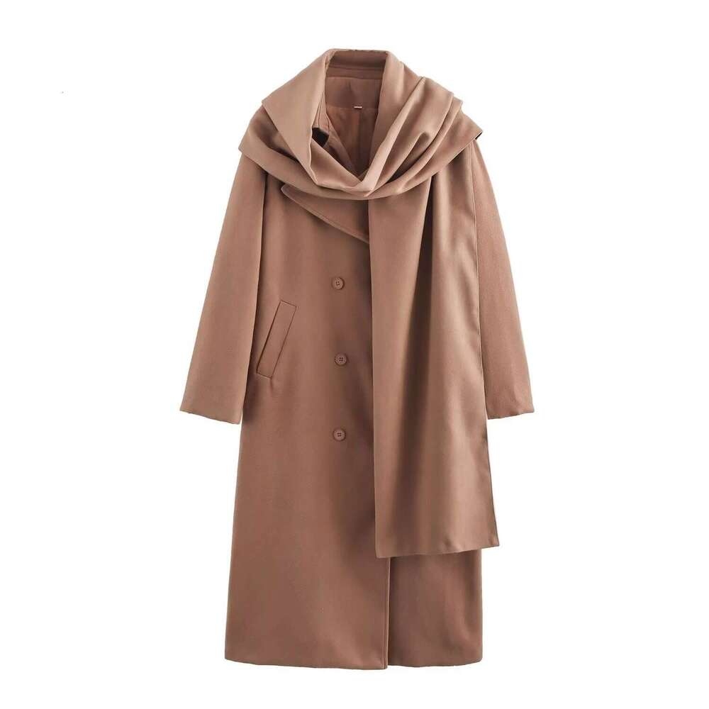 2025 Spring Style Double Breasted Scarf Collar Extended Woolen Coat Women's Wear