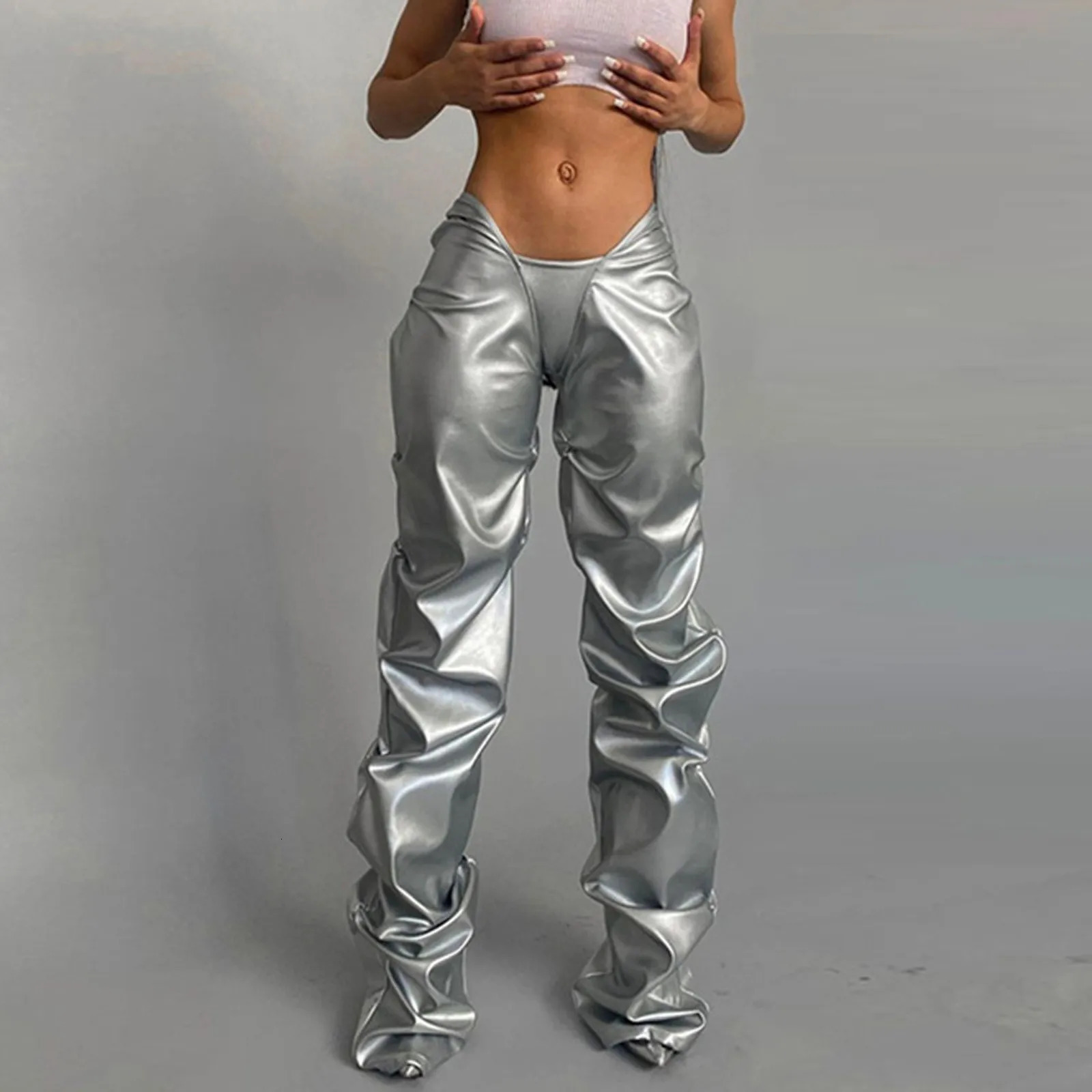Women Fashion Leather Pant Wash Water Wrinkles Leggings Slim Pencil Pants Business Sense Of n Vintage Straight Trousers 250305