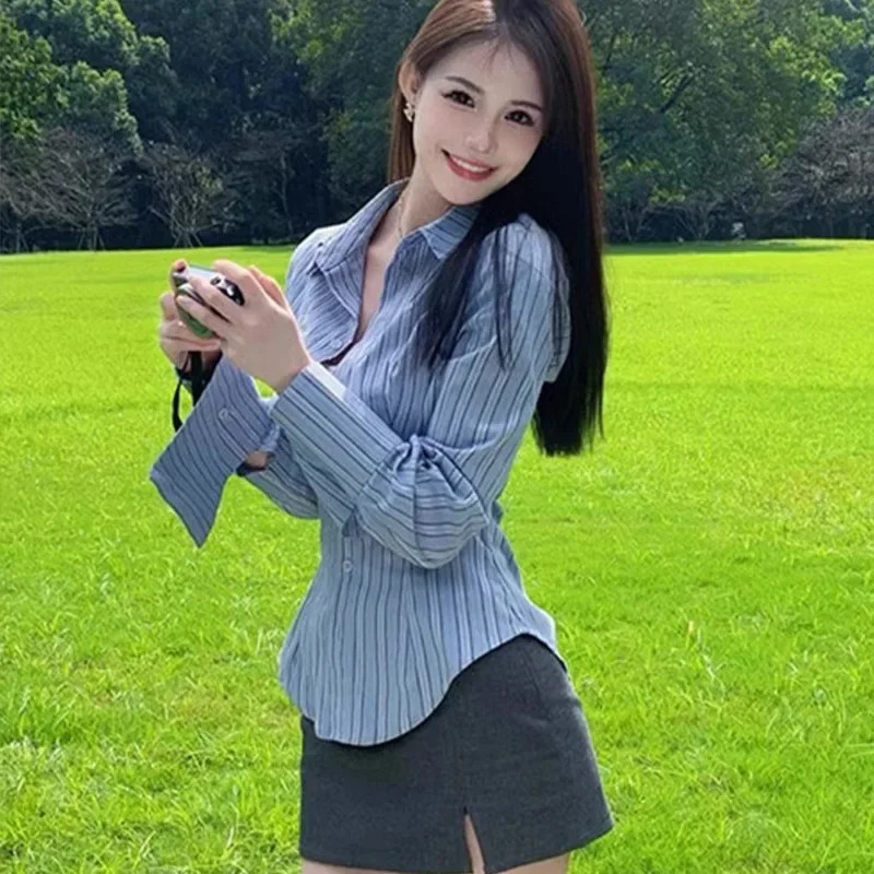 Long sleeved slim striped shirt top pure desire womens waist fit weight loss paradigm blue casual clothing 250311