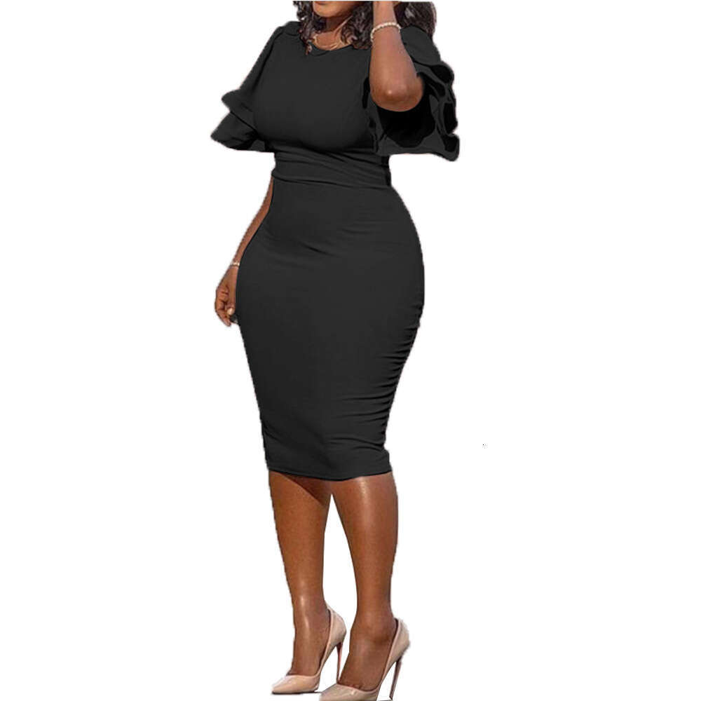 Women's Solid Color Slim Fit Version With Black Fungus Edge Sexy Hip Hugging Dress 661 KLMY