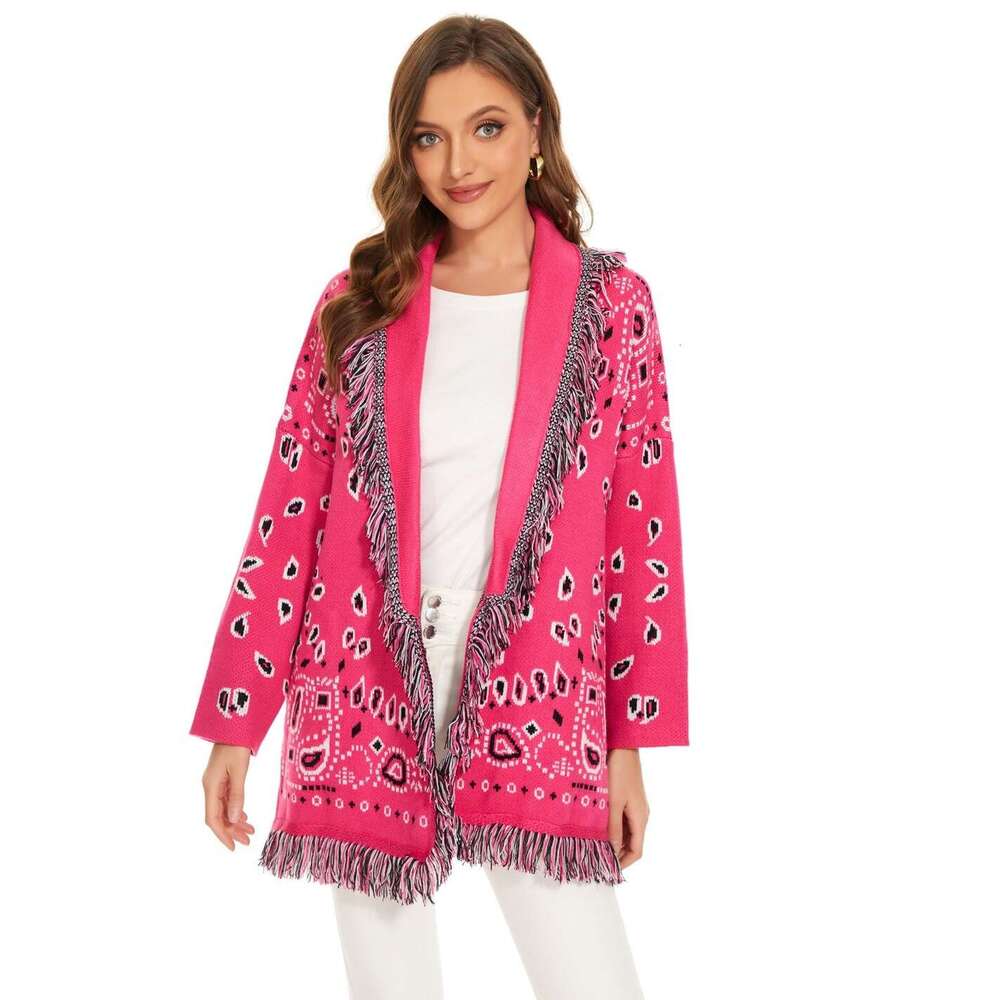 Fashionable Autumn And Winter Ethnic Style Jacquard Thick Sweater Cardigan Niche High-End Feeling Rose Red Tassel Jacket For Women