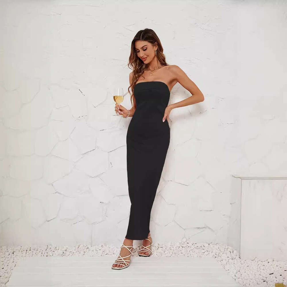 Summer European and American women's solid color chest wrapped elastic backless satin dress 2025 temperament versatile new trend clothing ins
