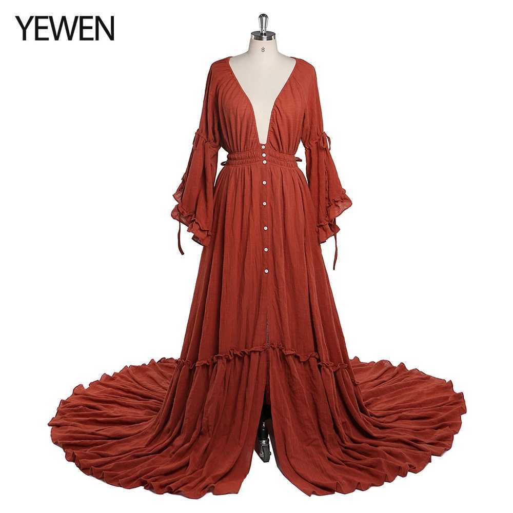 Deep V-neck long sleeved maternity outfit with front buckle and adjustable waist YEWEN YD211202 photo shoot X250224