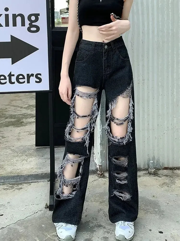 Broken Hole Jeans AllMatch Distressed Women High Street Hip Hop Waist Straight Loose Trousers Y2k Washed Mopping Pants 250311