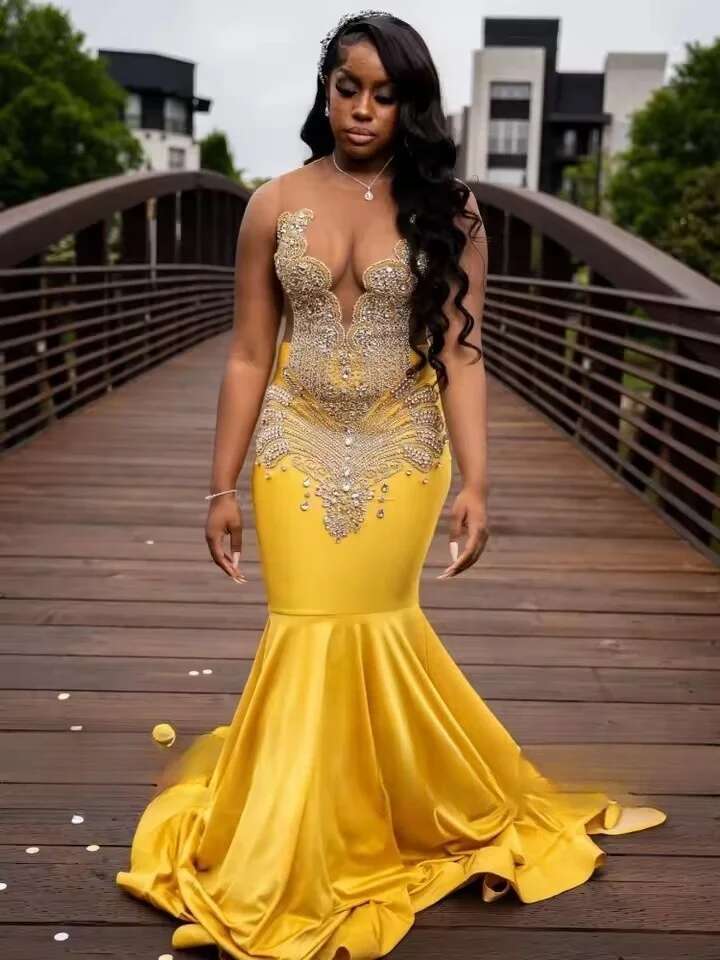 Yellow Mermaid Satin Prom For Black Girls 2025 Sexy Sheer Mesh Glitter Beaded Crystals Party Dress Women Customized