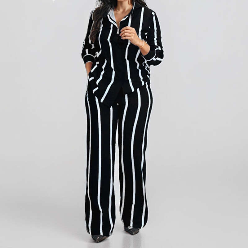 2025 Spring New Women's Printed Striped Shirt Top Pants Set For Women KLMY