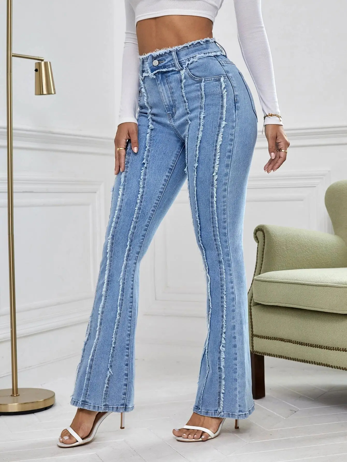 Flare Jeans Womens Tight High Waist Aesthetic Y2k Denim Trouser Retro Washing Mop Korean Fashion Street Shining 250311
