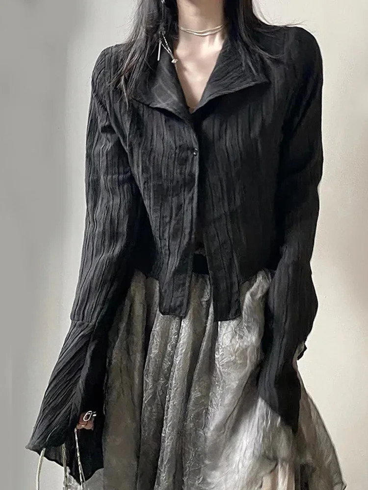 Black Harajuku womens retro streetwear Y2K shirt sexy Gothic long sleeved irregular fashion ultrathin spring top 250311