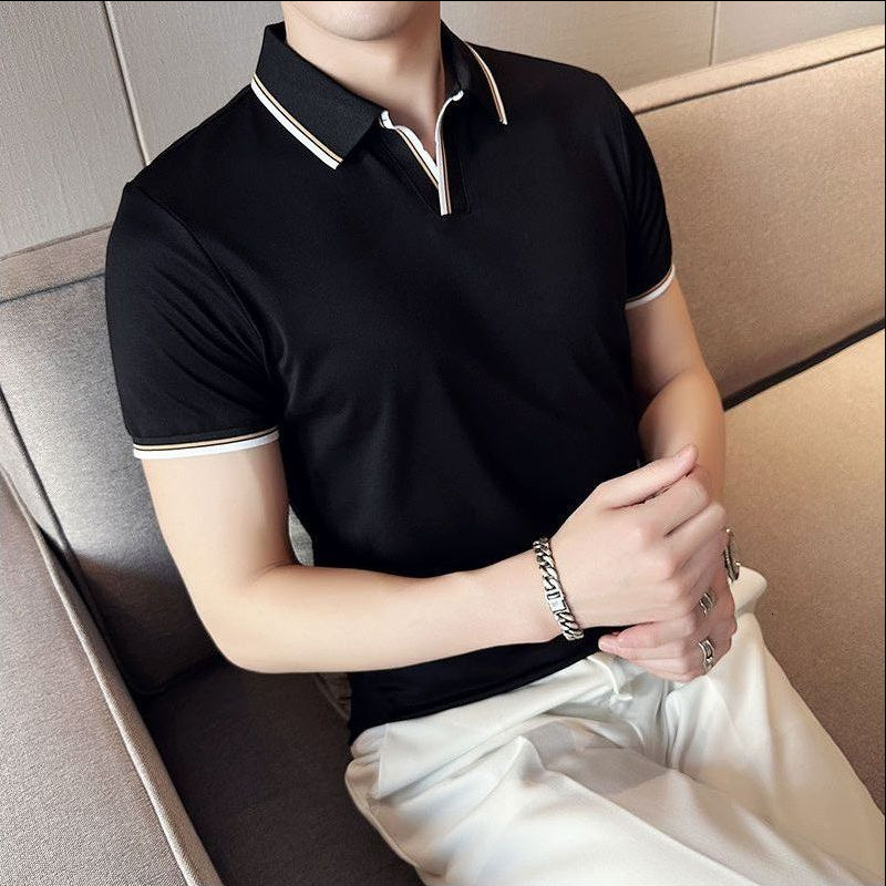 White mulberry V-neck short sleeved polo shirt casual business light luxury T-shirt men's summer new item ice silk tracksuit