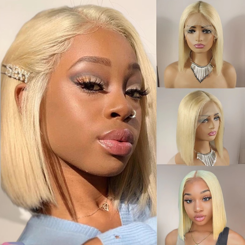 12 Inch Golden Blonde Lace Front Bob Wig - Brazilian Straight Human Hair with HD Transparent Lace, Stylish & Versatile for Everyday Fashion