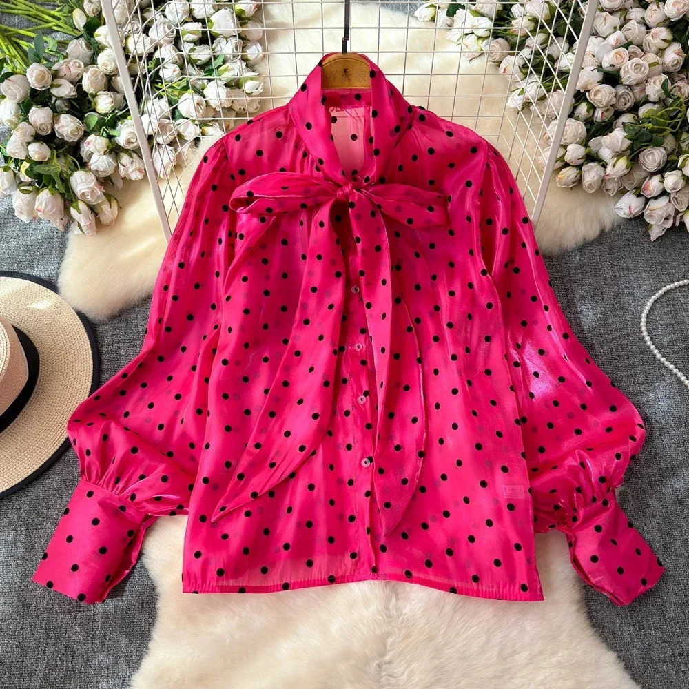Spring Summer Women Vintage Lantern Long Sleeve Shirt Bow Lace Up Collar Polka Dot Print Loose Tops 250310