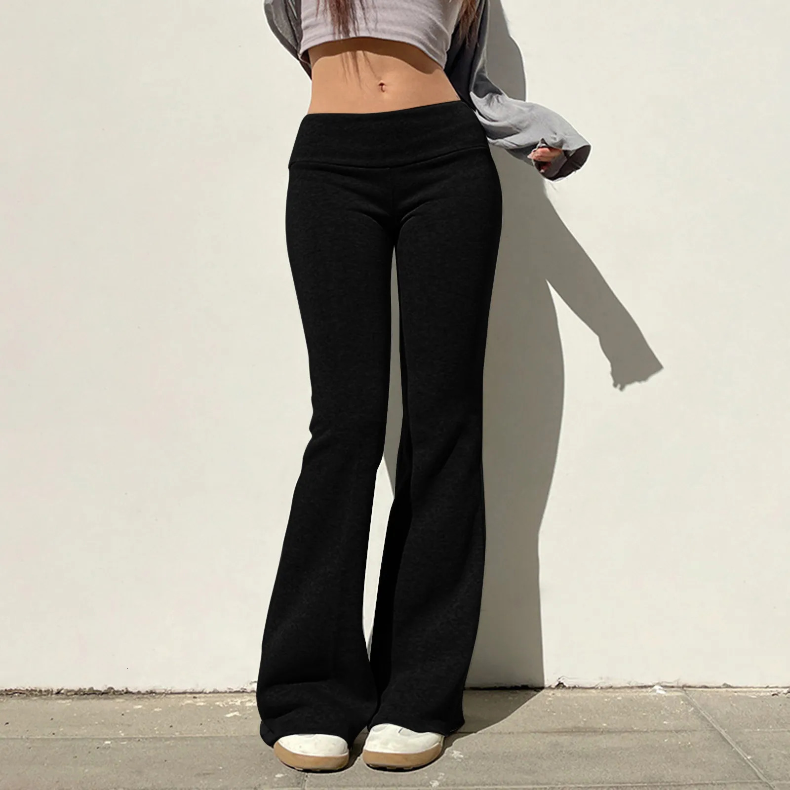 Womens Low Waist Solid Flare Pants Slim Fit Full Length 2024 Summer Autumn Legging Streetwear Capris Trousers Female Clothes 250305