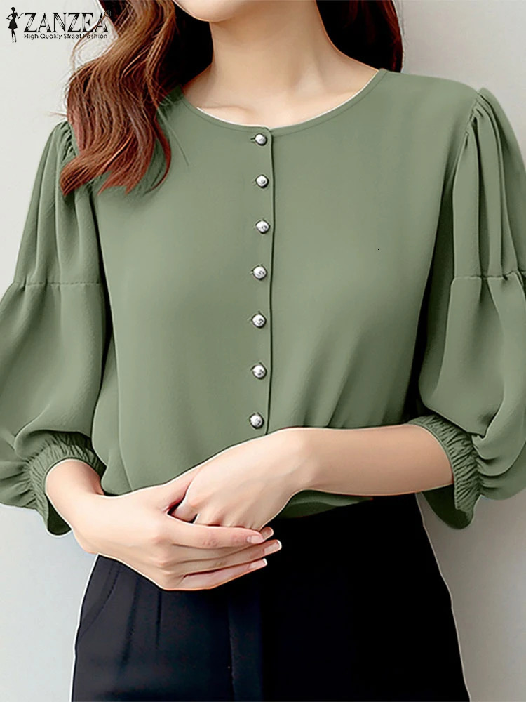 ZANZEA Elegant 34 Lantern Sleeve Work Blouse Office Women Tops Summer Fashion Shirt Casual O Neck Buttons Holiday Blouses 250311