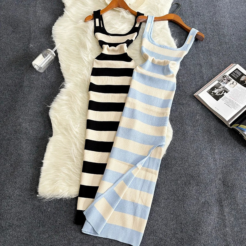 Stripe Summer Elastic Split Bodycon Dress Sexy Beach Vacation Sundress Women Casual Slim Pencil Dresses Maxi Long 250311