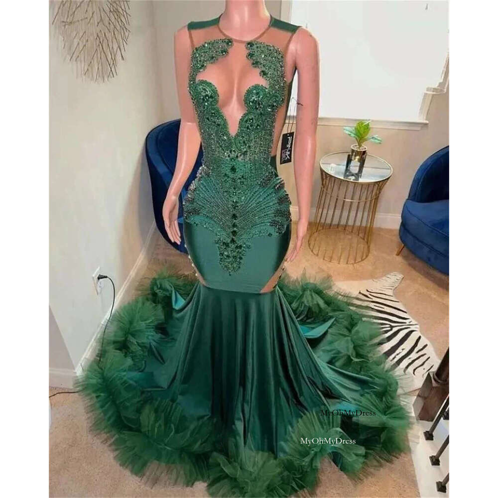 Green Long Prom Dress For Black Girls Mermaid Sheer Satin Ruffled Crystals Birthday Party Dresses Evening Gown Customized al0311