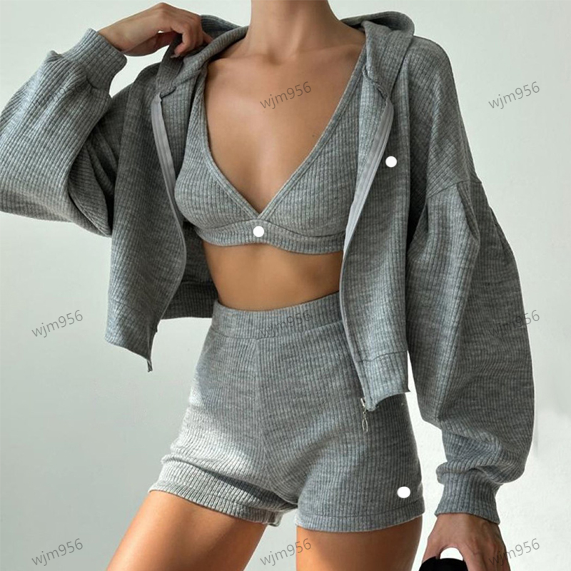 Yoga three piece set V-neck sports bra underwear loose cropped defined hooded jacket sports running shorts knitted sweater gym athletic wear workout clothes women