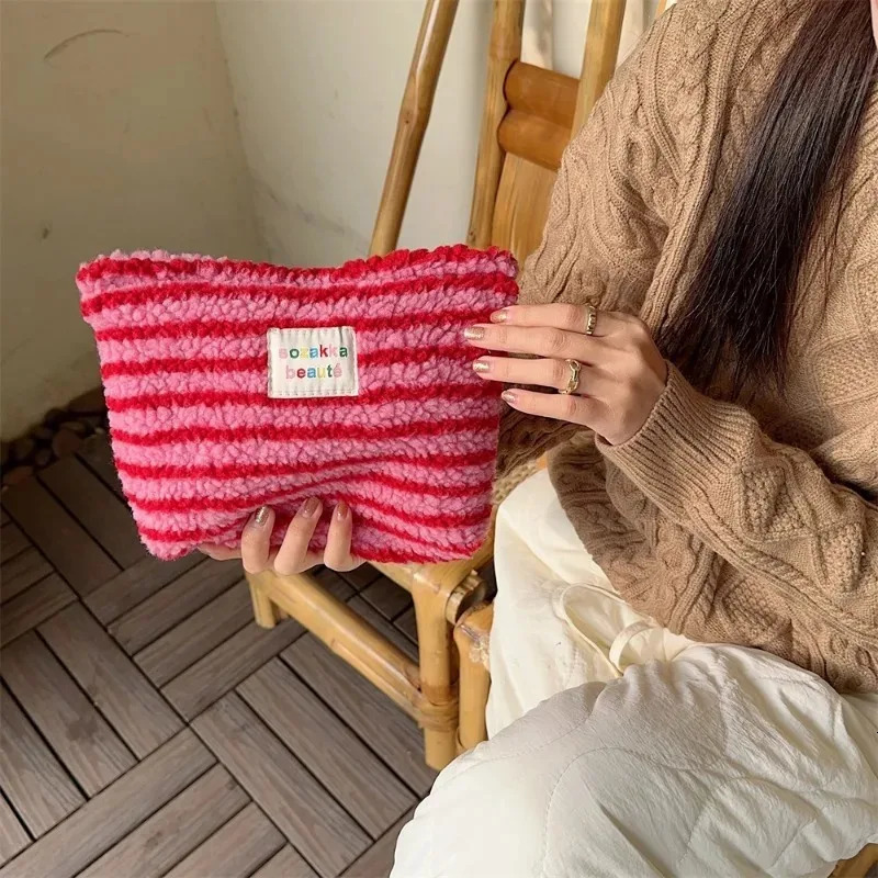 color striped dot plush clutch cosmetic bag large capacity toilet travel outdoor makeup storage 250311