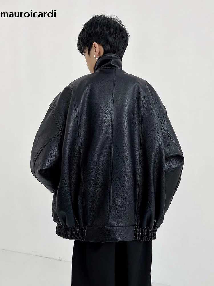 Mauroicardi Spring Autumn Oversized Cool Warm Thickened Hard Black Pu Leather Bomber Jacket Men Long Sleeve Unisex Clothes 2024T250311