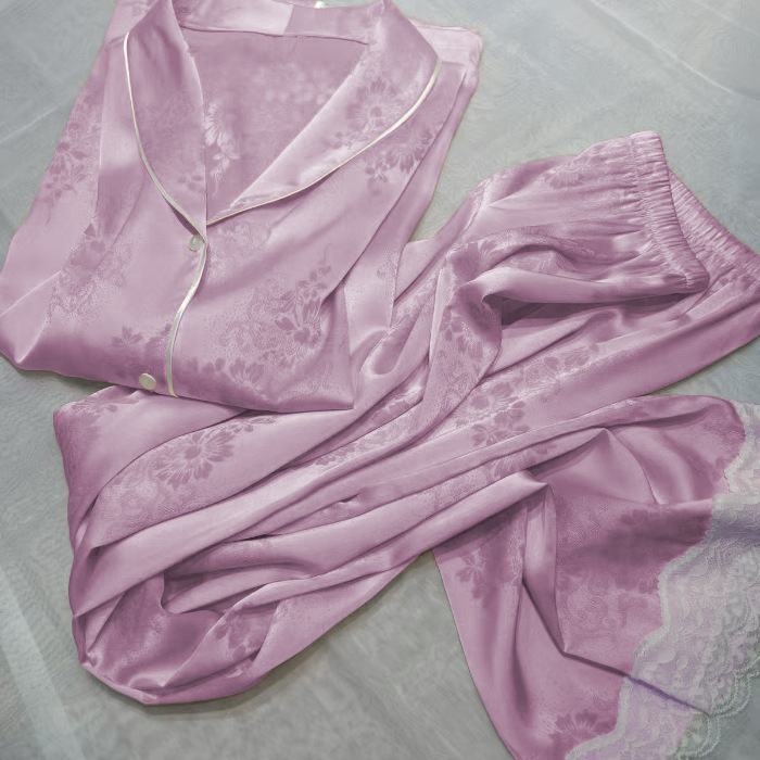 Women's Sleepwear Satin Pajamas Silk Floral Printing Lapel Button Shirt With Trousers Pajama Set Nightwear Pyjama Sleepwear Pijama Mujer