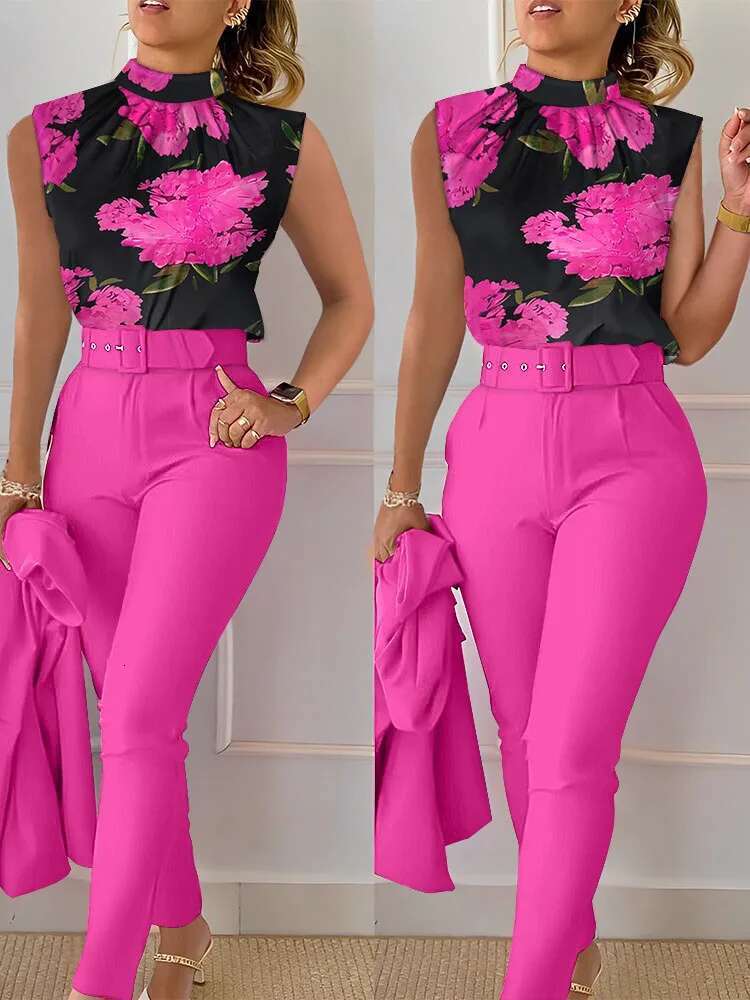 Elegant Women's Two Suits Fashion Printed Sleevelss Top Black Pants With Belt Blouses 2 Piece Set Female Clothing