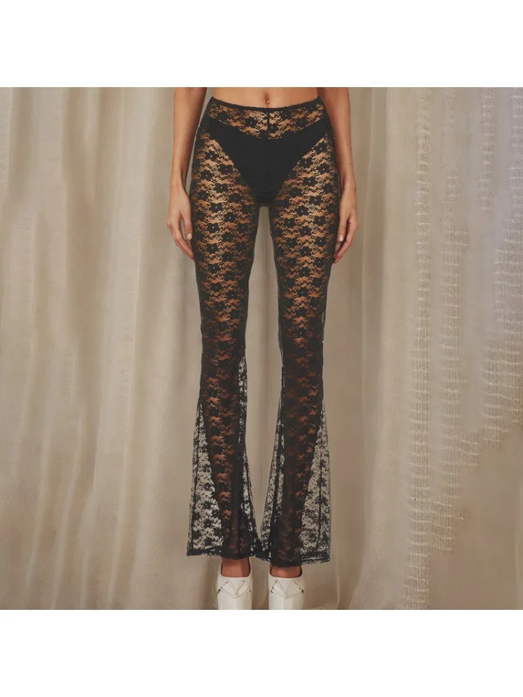 Sexy Flared Wideleg Pants for Women Small Floral Lace Versatile Highelastic Seethrough Casual Trousers 250310