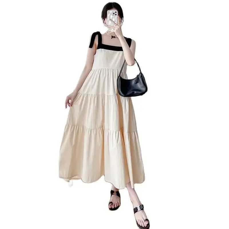 Summer Sweet Pregnant Women Dress Backless Square Collar Sleeveless Maternity Strap Dress Long Loose Pregnancy Beach Dress LooseT250311