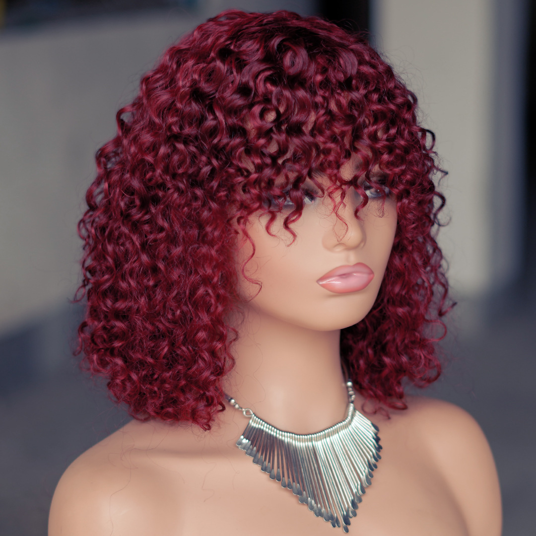 8 to 14 Inch Deep Wave Curly Bob Wig Real Human Hair with Machine Weft Cap and Bangs Perfect for a Natural and Stylish Look