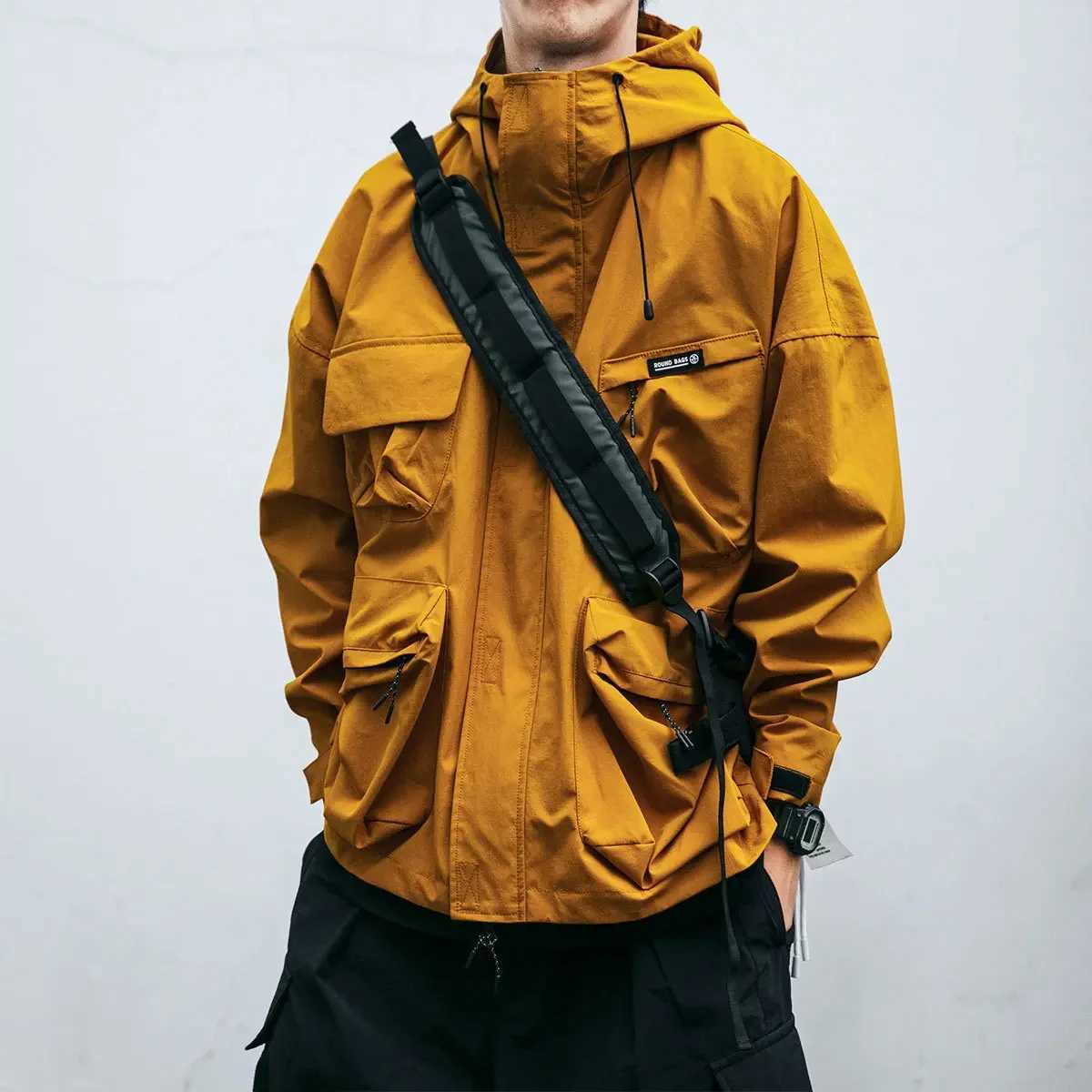 Trendy Autumn Winter Hooded Jacket Mens Loose-fit Windproof Casual Workwear Clothing PocketsT250311