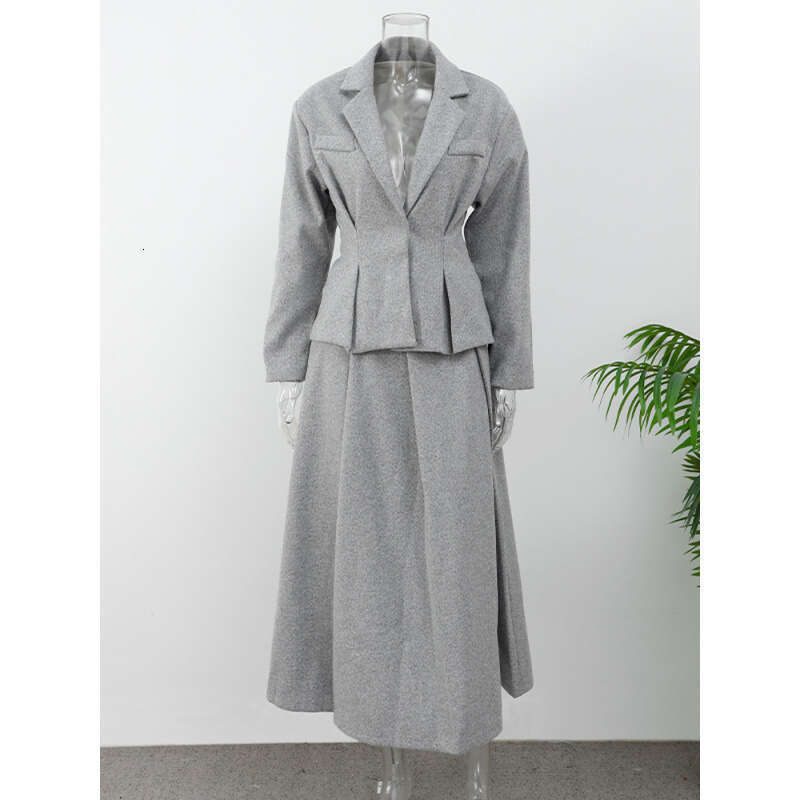 -Autumn And Winter New Fashionable Women's Waist Cinched Small Suit A-Line Length Half Skirt Two-Piece Set