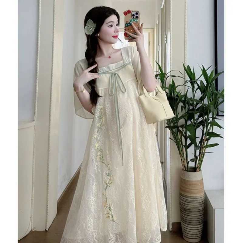 2024 Summer Fashion Square Collar Maternity Dress Chinese Style Short Sleeve Dress Loose Outing Pregnant Womens Skirts LF905T250311