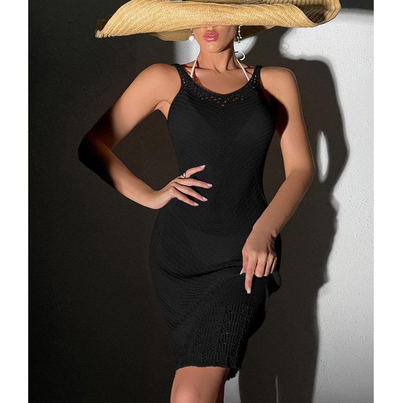 Women's Mid Length Sexy Hot Hook Flower Hollow U-Shaped Collar Suspender Dress Knitted Beach Skirt