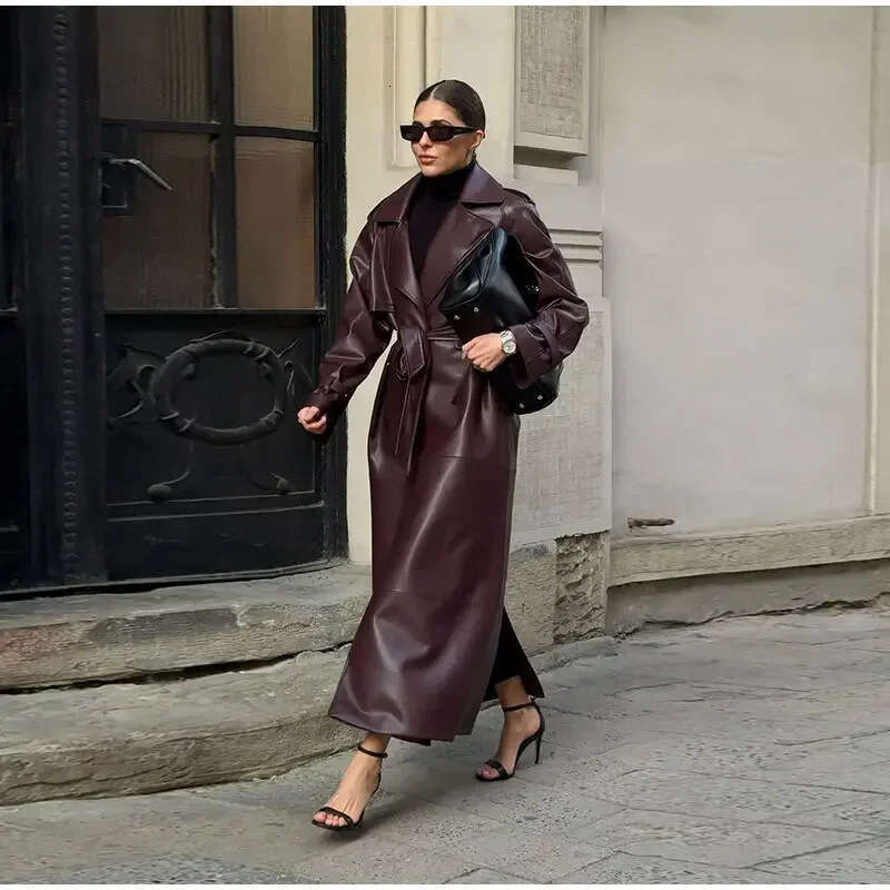 2024 Autumn Windbreaker With Elegant Temperament, PU Long Double Breasted Women's Lapel Coat