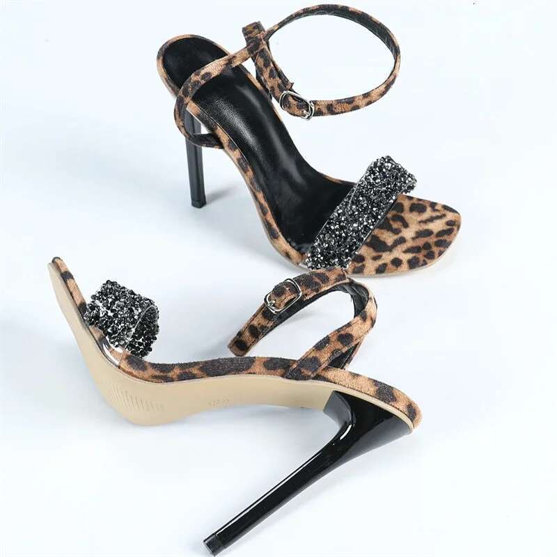 Design Leopard Eilyken Print Buckle Strap Women Sandals Street Style Sequin Cloth PVC Transparent Thin High Heels Shoes