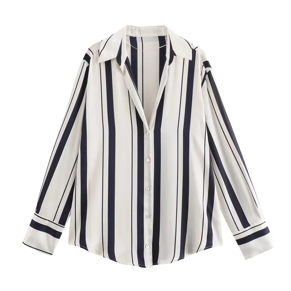 Kar Otza Womens Autumn Product Collar Long Sleeve Loose Lazy Style Silk Texture Striped Shirt 250311